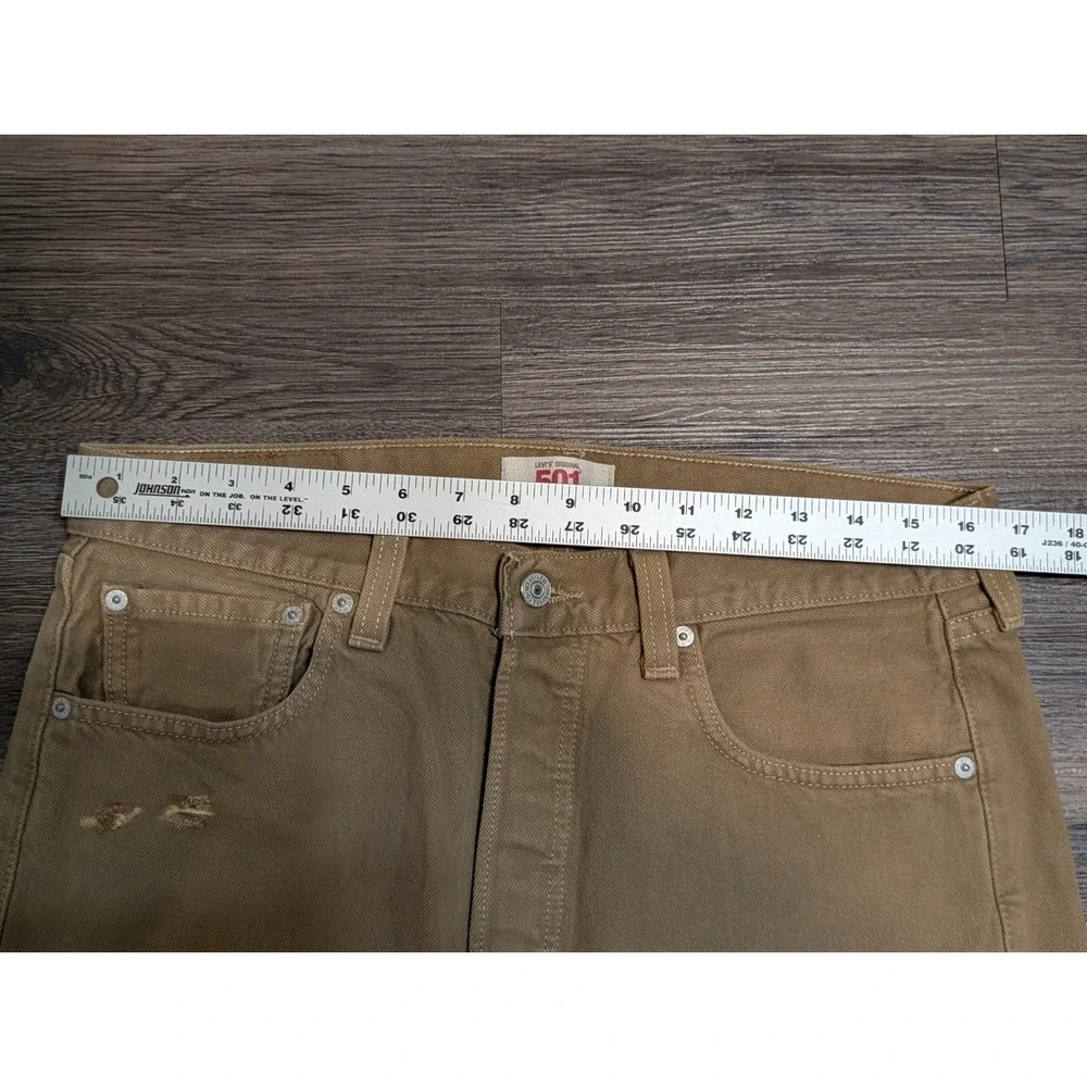 Levis 501 Original Mens 33x32 Straight Leg‎ Distressed Khaki Tan Denim Jeans